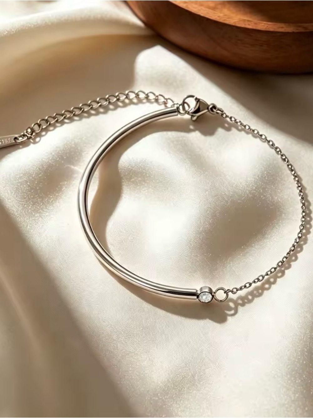 Stainless Steel Crescent Bar/Chain Link Adjustable Cubic Zirconia Bracelet!
